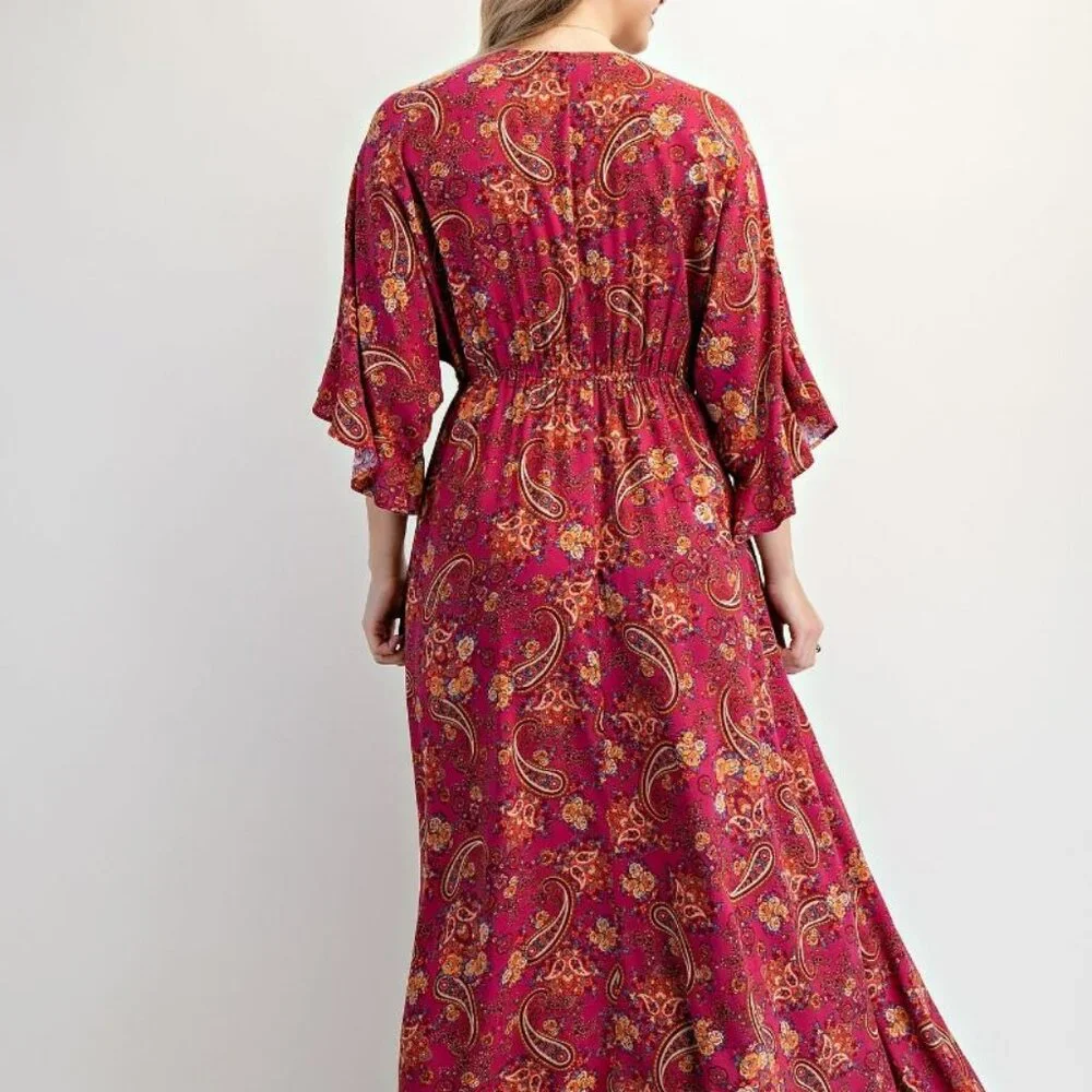 NWT Easel Magenta Border Print Challis Maxi Dress – Wing Sleeve Boho V-Neck Dres - Picture 4 of 4